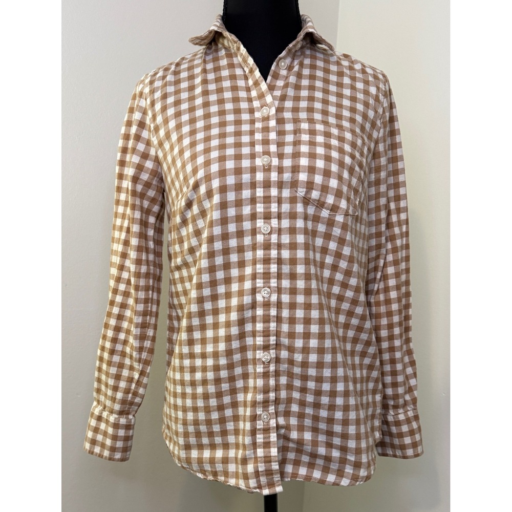 J.Crew Re-Imagined Gingham Button Down Shirt XXS Tan White Cotton‎ Long Sleeve